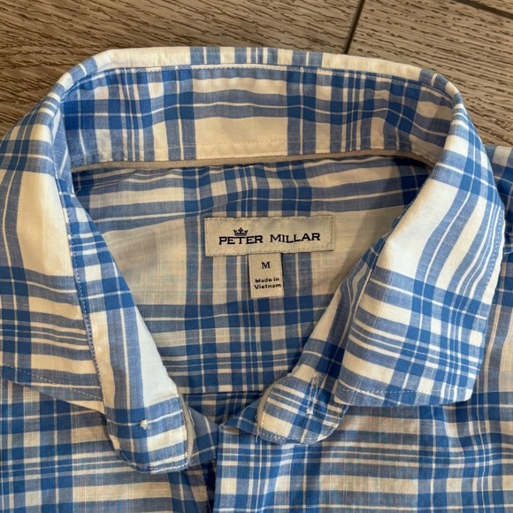 Peter Millar Button Down Shirt Mens Medium Blue Plaid Long Sleeve Stretch Preppy - Picture 4 of 8